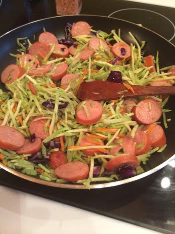 easy meal with broccoli slaw and sausage
